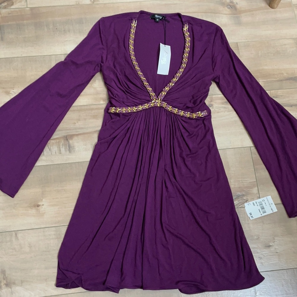 Sky NWT Purple Gold Chain Tunic Sz S Bell Sleeves